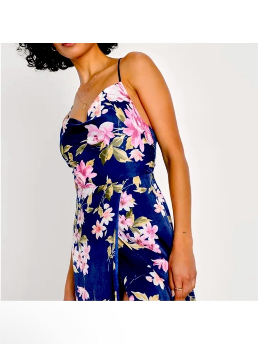 Lulus Love of Romance Navy Floral Print Satin Cowl Neck Maxi Dress - Size XS NWT - Picture 3 of 11